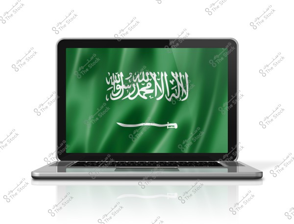 An image of an open laptop with the screen displaying the flag of Saudi Arabia, featuring a green background with the declaration of faith and a sword. The flag accurately represents the official Saudi Arabian flag.