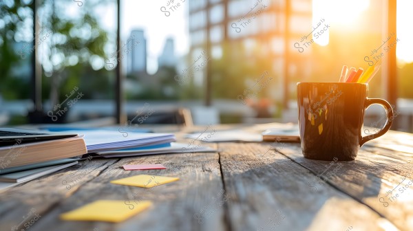 An image of a wooden table in bright sunlight with a black mug containing pens and colored sticky notes. A laptop and a stack of books and notes are also visible on the table. The scene appears to be set in an outdoor area or patio with building details and sunlight in the background.