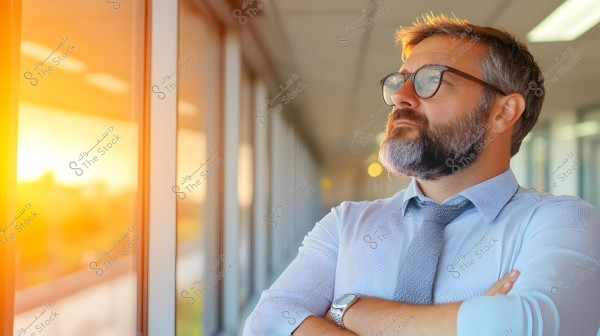A portrait of a man wearing glasses, a light blue shirt, and a gray tie, standing with arms folded, looking out of a long window. Bright sunlight illuminates him from the left, giving the image a warm feel. The background shows a blurred detail of an office or hallway in a modern style.