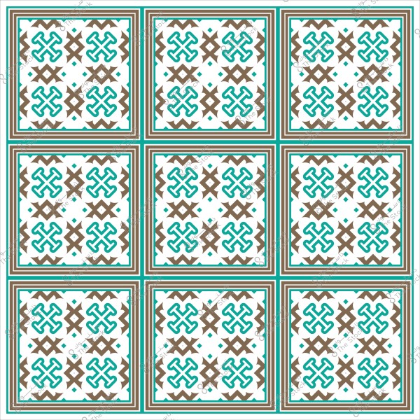 نقش هندسي مكون من تسعة بلاطات مربعة بنمط متكرر بألوان بني وزيتي وأبيض.