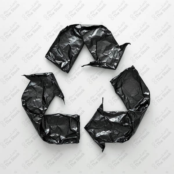 A high-resolution image of a recycling symbol creatively formed by interlocking black plastic bags. The symbol consists of the universal three chasing arrows, representing the recycling process. This image effectively conveys the concept of recycling plastic waste and its potential for creative reuse.