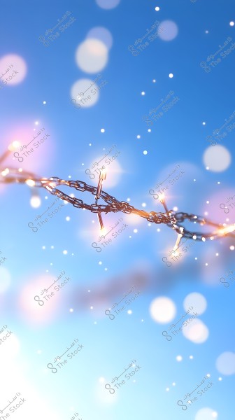 An image of a metal chain hanging against a blue sky background. The lights are sparkling from the chain, creating a dazzling and glowing effect. The lights appear as scattered glowing droplets across the sky.
