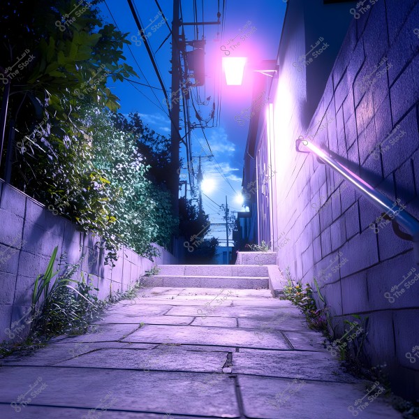 An outdoor pathway lit at night, with stone walls on each side and streetlights casting purple and blue hues. There are plants on the left side, and a handrail on the right. The horizon shows clouds, electrical towers, and more lights in the background.