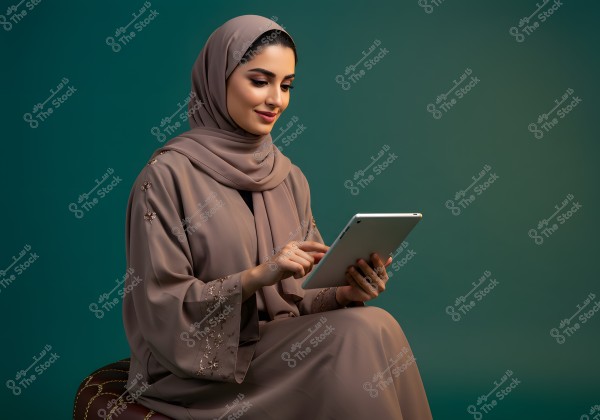 A portrait of a woman wearing a light brown embellished abaya and hijab, sitting on a seat and using a tablet. The background is a dark green color.