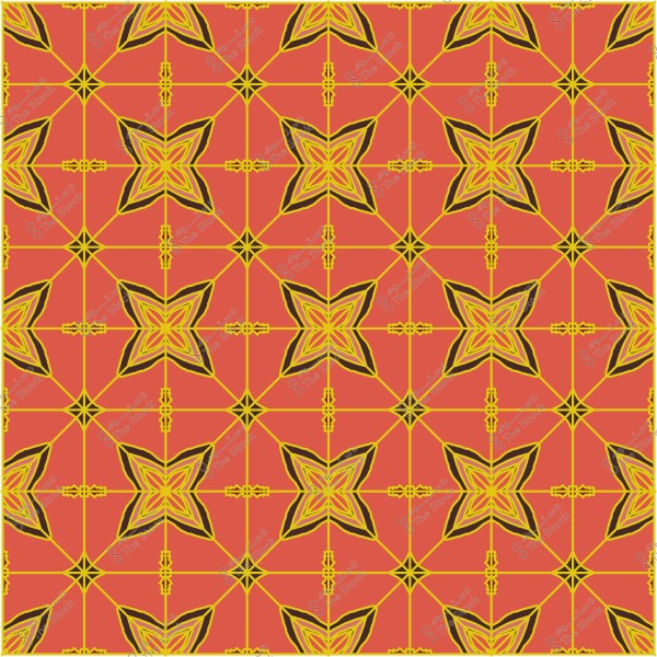 Symmetrical pattern with floral star motifs in yellow and black on an orange background.