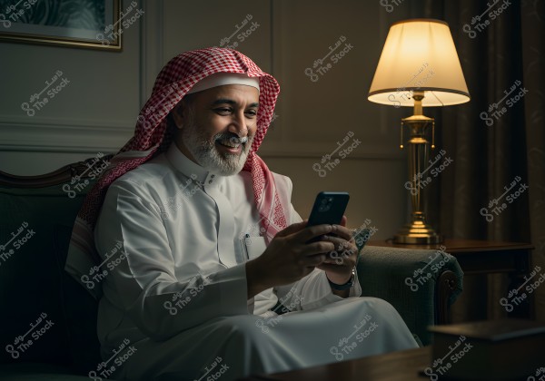 A portrait of a man sitting on a sofa in a room lit by a table lamp. The man is wearing a white thobe and a red and white ghutra, suggesting he may be from Saudi Arabia or another Gulf country. He appears to be smiling while using his smartphone, conveying a sense of comfort and happiness in a serene home environment.