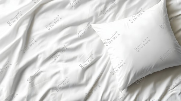 An image of a white pillow placed on a white bed sheet. The fabric is smooth with gentle folds across the surface, giving the scene a feeling of comfort and cleanliness.