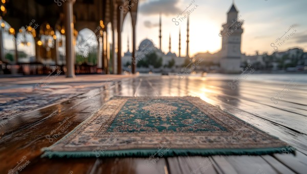 A beautifully patterned prayer rug in blue and red placed on a shiny wooden floor outside a mosque during sunset. Minarets and domes of the mosque are visible in the background, illuminated by the warm sunlight.