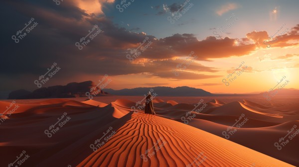 ** A vast desert landscape at sunset, featuring a person wearing a long cloak standing atop a sand dune. The scene is filled with warm orange tones from the rippled sand, and mountains appear on the horizon under a sky filled with orange and golden clouds. The image reflects the tranquility and beauty of nature.\r\n\r\n**