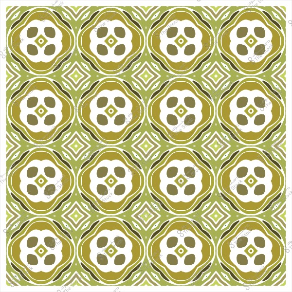 نمط زخرفي متكرر بألوان الزيتون والأبيض, يحتوي على أشكال هندسية ونقوش دائرية.