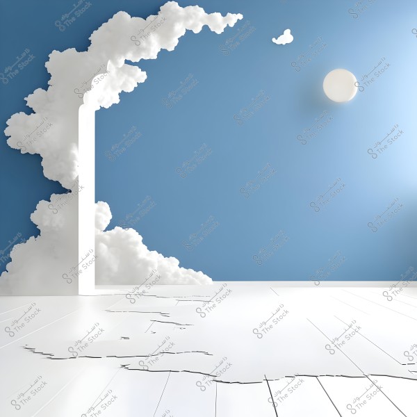 An image depicting an artistic scene where white clouds blend with a blue wall, and a circular shape resembling the sun is visible in the blue sky. The floor appears to be made of cracked white tiles, showcasing a modern design.