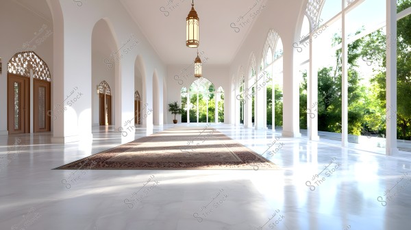 A spacious corridor in a building with Islamic design, featuring white arched columns and patterned carpets extending over the shiny floor. Ornate chandeliers hang from the ceiling. The large windows on the right side provide a view of the lush green garden filled with trees in the background. The doors are embellished with traditional oriental designs.