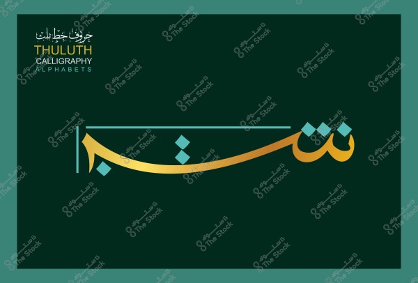 The image features decorative Thuluth calligraphy. The text includes the word \"نشبة\" written in golden Thuluth script against a dark green background. In the upper left corner, there is text in both Arabic and English that reads \"حروف خط الثلث\" and \"THULUTH CALLIGRAPHY ALPHABETS\" written in gold and white colors.