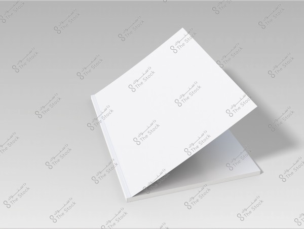 An image of a book opened at an angle on a light gray background surface. The cover and pages are white, and the book appears three-dimensional in the center of the image with clear shadows reflecting the light.