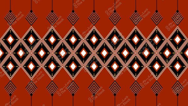 Traditional Arabic pattern featuring a repeated design of geometric rhombus shapes in black, white, red, and gold on a red background. The motifs are adorned with small lines and dots, giving it a richly cultural appearance.