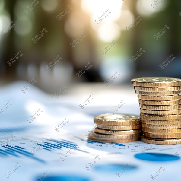 An image featuring stacks of gold coins placed on financial analysis papers that include blue charts. The background is blurred, giving a sense of bright natural light.