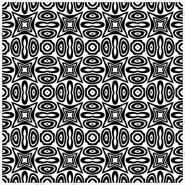 Repeating black and white geometric pattern featuring star and oval shapes.