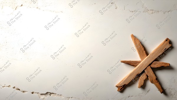 Image of wooden pieces arranged in a star shape on a rough, light beige surface. The surface appears cracked in some areas, giving an aged or natural look.