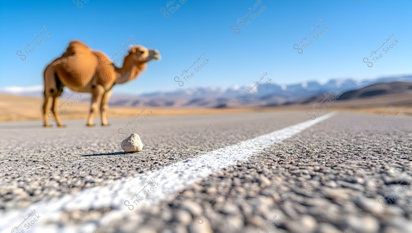 An image of an asphalt road stretching through the desert with a small rock in the foreground. In the background, a camel stands sideways under a clear blue sky. In the distant background, mountains are partially covered with snow.