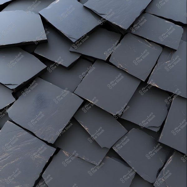 An image showing a collection of overlapping black slabs, resembling a surface made of natural stone. The slabs have irregular edges and a textured surface, reflecting light in varying ways.