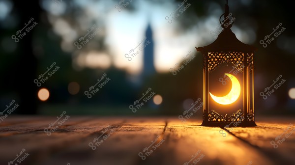 فانوس مزخرف مضاء باللون البرتقالي الدافئ يقف على سطح خشبي في المساء, يظهر عليه رمز الهلال الإسلامي. الخلفية ضبابية مع منظر طبيعي غير واضح في الأفق, مما يخلق جوًا هادئًا وسلميًا.