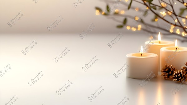 Three lit white candles placed on a white surface, with small pine cones next to them. In the background, branches adorned with small lights create a warm and serene atmosphere.