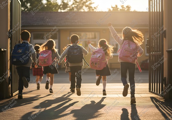 The image shows a group of children walking towards a school during sunrise. The children are carrying colorful backpacks and wearing a variety of school uniforms, including light-colored shirts, skirts, and pants. The setting is sunny, with a schoolyard and an open gate in the background.