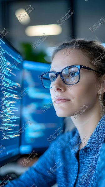 صورة لشخص يرتدي نظارات زرقاء ويعمل أمام شاشة حاسوب مليئة بالأكواد البرمجية. الشخص يبدو مركزاً ويجلس في بيئة مكتبية حديثة. يظهر الضوء الخافت في الخلفية, ما يدل على مكان عمل داخلي.