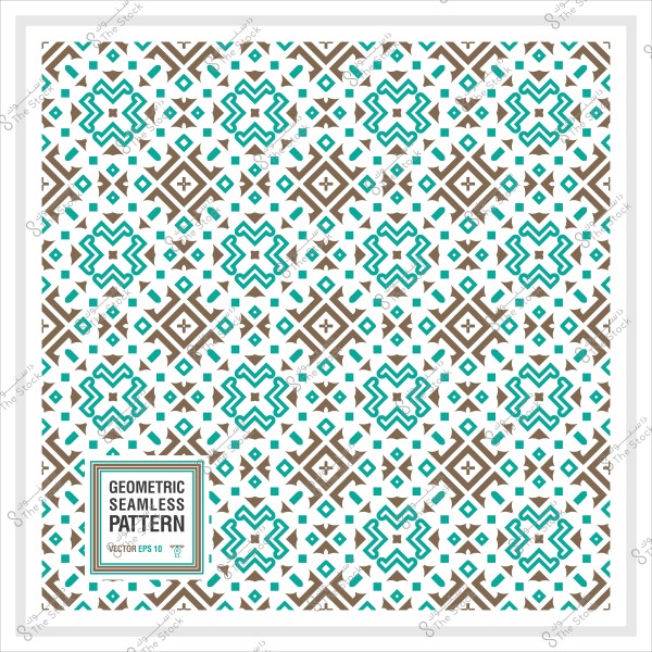 Geometric seamless pattern with brown and turquoise motifs on a white background.
