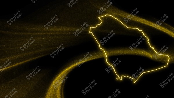 An image of the map of Saudi Arabia outlined with glowing yellow lines on a black background. The country\'s outline is surrounded by scattered lights, suggesting a glowing or radiant effect, giving the image a sense of vibrancy and modernity.