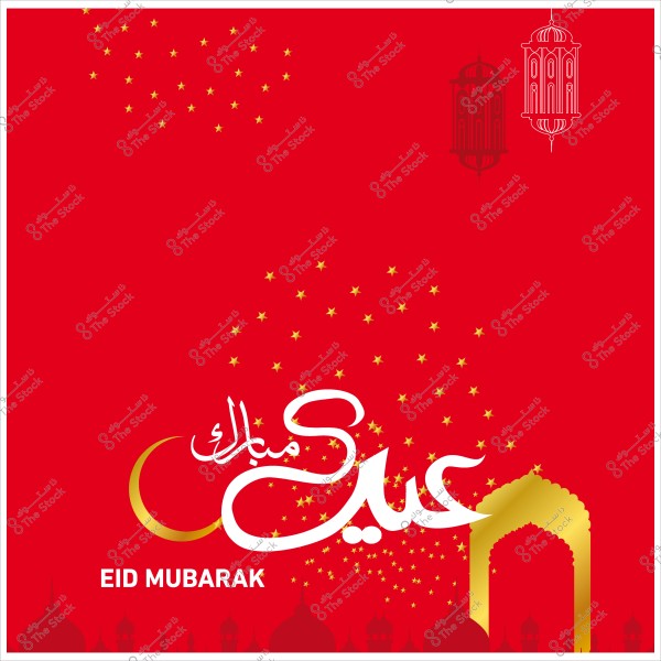 بطاقة تهنئة بالعيد بلون أحمر, مع عبارة "عيد مبارك" بالعربية والإنجليزية, وهلال ذهبي وزخارف إسلامية.