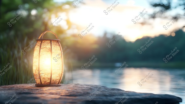 A glowing lantern placed on a rock beside a lake during sunset. The warm light of the lantern reflects on the water and the surrounding environment of trees and plants in the background.
