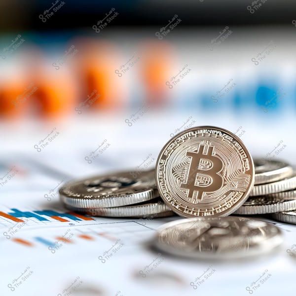 An image of stacked golden Bitcoin coins placed on a blurred background containing bar charts in blue and orange colors. The focus is on the details of the coins with the Bitcoin symbol and engraved electronic circuits.