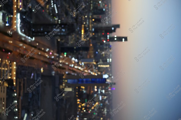 A nighttime cityscape shows illuminated skyscrapers and streets in an urban setting. The sky has a gradient of blue and pink colors, indicating sunset or twilight time.