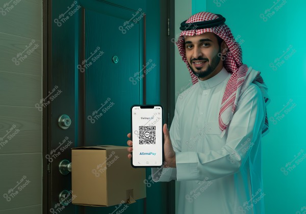 A portrait of a man wearing traditional attire, including a thobe and ghutra, standing in front of a closed door holding a smartphone displaying a QR code on the screen. There is a small cardboard box hanging on the door handle.