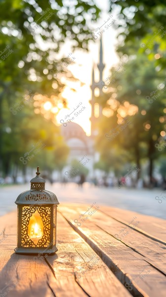 A lit lantern placed on a wooden outdoor table during sunset. In the background, a mosque with a dome and minarets is visible among green trees, with light filtering through to create beautiful light effects.