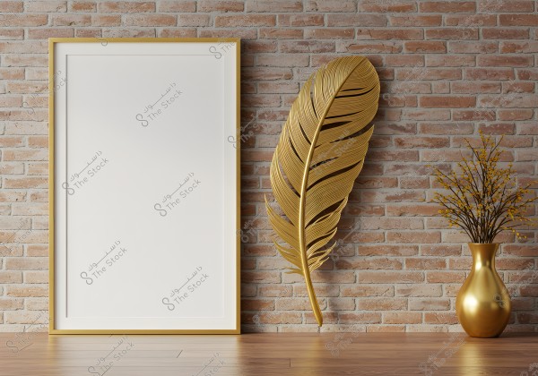 The image shows an empty frame with a gold border on the left side, placed on a wooden floor in front of a brown brick wall. To the right of the frame is a large vertical gold feather, and next to it is a gold vase containing thin branches with small yellow flowers.