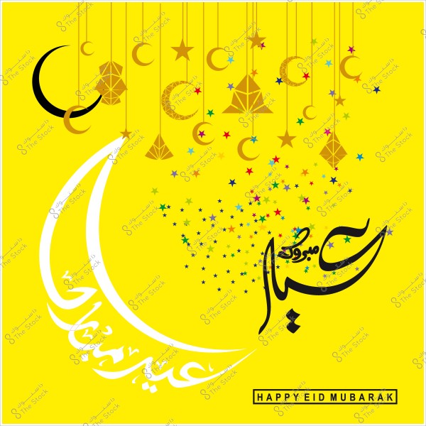 تصميم بطاقة تهنئة عيد مبارك باللون الأصفر مع هلال وأشكال هندسية نجوم وعبارة "عيد مبارك".