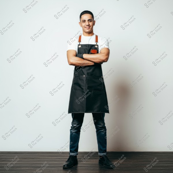 Image of a man standing and smiling against a white background. He is wearing a white shirt and jeans, with a black apron featuring brown leather details. He stands on a wooden floor, looking confident with his arms crossed.