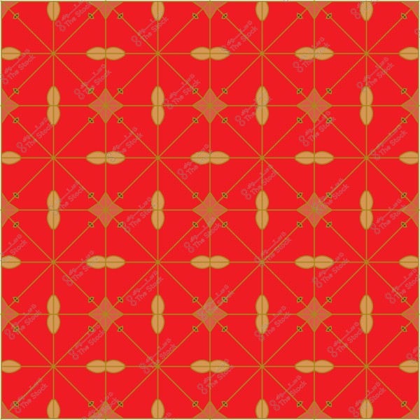 A geometric repeating pattern with red, orange, and green colors, featuring oval shapes and intersecting lines.