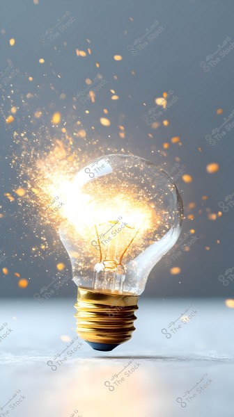An image of a traditional light bulb glowing brightly with sparks illuminating the area around it, creating a golden trail. The sparks give a sense of movement and energy to the image. The background is a simple gray, accentuating the bulb and sparks.