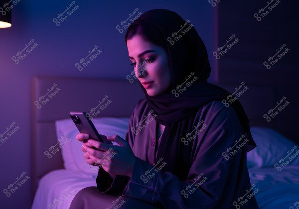 A portrait of a woman wearing a hijab and an abaya, sitting on a bed in a room illuminated with dim blue and purple lighting. She is holding a phone and looking at it intently. The room appears calm and cozy.