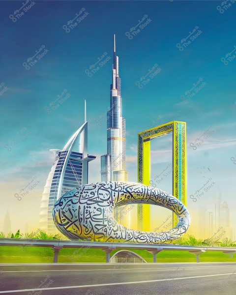 صورة لعناصر معمارية بارزة في دبي, الإمارات العربية المتحدة, تتضمن برج خليفة الشاهق في الخلفية ومبنى برج العرب الأيقوني إلى اليسار. في المقدمة يظهر متحف المستقبل بتصميمه البيضاوي المميز والمزخرف بالخط العربي. إلى اليمين, يقع إطار دبي الذهبي الطويل الذي يبرز في السماء الزرقاء الصافية.