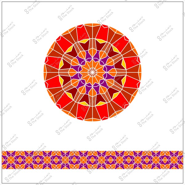 Circular ornamental design with red, orange, and yellow colors featuring intricate geometric patterns in the center. A similar decorative strip is located at the bottom of the image with the same colors and geometric designs.