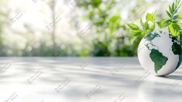 An image showing a white globe with green maps, adorned with fresh green plants sprouting from the top. The background consists of blurred green shades suggesting trees and plants. The scene represents the concept of nature and environmental sustainability.