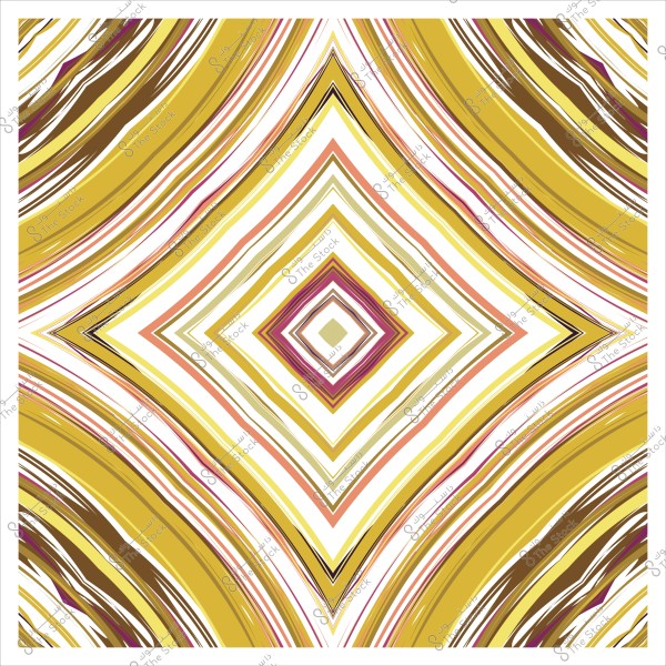 نقش هندسي بأشكال ماسية وخطوط متعرجة بألوان الأصفر والبني والوردي.