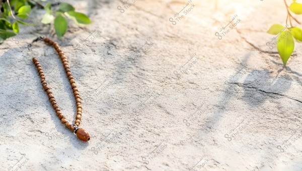 Image showing a wooden prayer bead necklace placed on a rough stone surface. Green leaves are in the top left corner, with natural light shining from the top right, casting shadows on the surface.