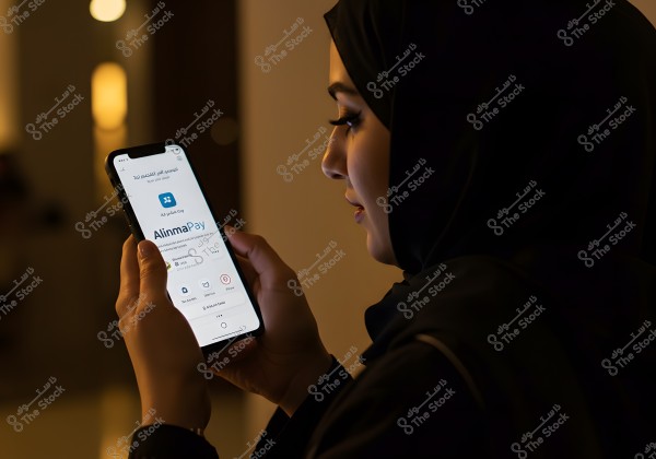 A woman wearing a black abaya and black hijab holds a smartphone displaying a financial app called \"AlinmaPay\". The app shows options for transferring money and checking balances.