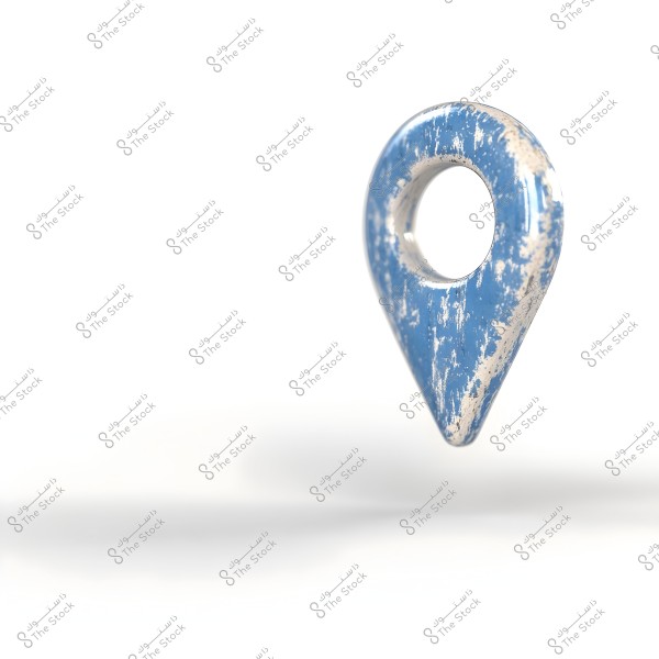 A 3D location pin shape floating with a blue color and peeling effects on the surface, shown against a white background, highlighting its minimalist design. The pin has a hole in the center and resembles the pins used in digital maps.