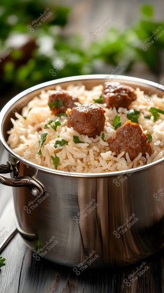 An image of a metal pot filled with long-grain rice mixed with pieces of grilled meat and garnished with green leaves. The close-up view highlights the food in an appealing manner.